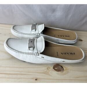 Prada White Pebbled Leather Mules Loafers Silver Logo Slides Women’s Size 37.5